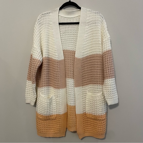 Hand Crafted Sweaters - Handmade Cottagecore Knitted Colorblock Long Cardigan - Size L/XL